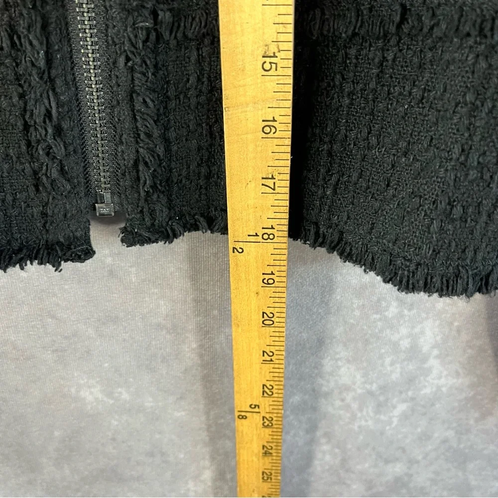Rebecca Taylor Boucle Jacket Womens 2 Black Leather Trim Fringe Zip Tweed Blazer